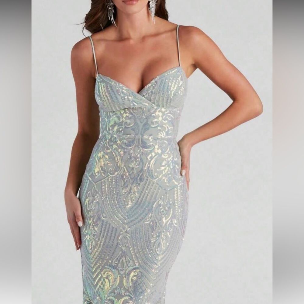 Sequin Illusion Light Blue Evening Gown - Picture 3 of 4